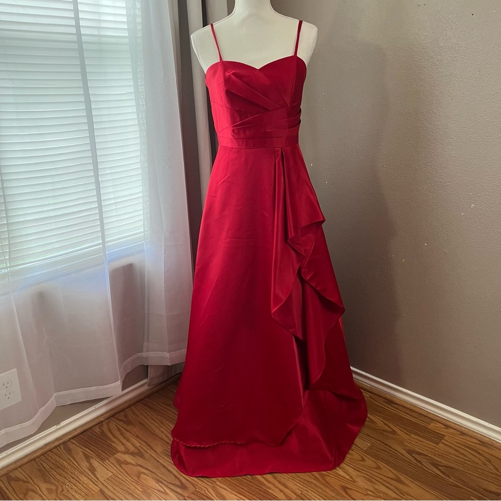 Betsy & Adam Red Formal Dress with Ruffle Cascade Accent detail